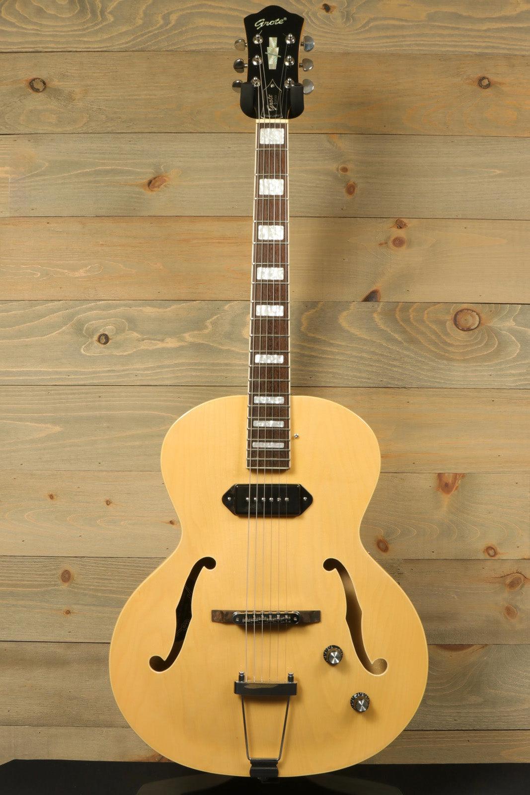 Grote Guitar Natural Hollow Body Jazz Electric Guitar, front view with beautiful natural finish
