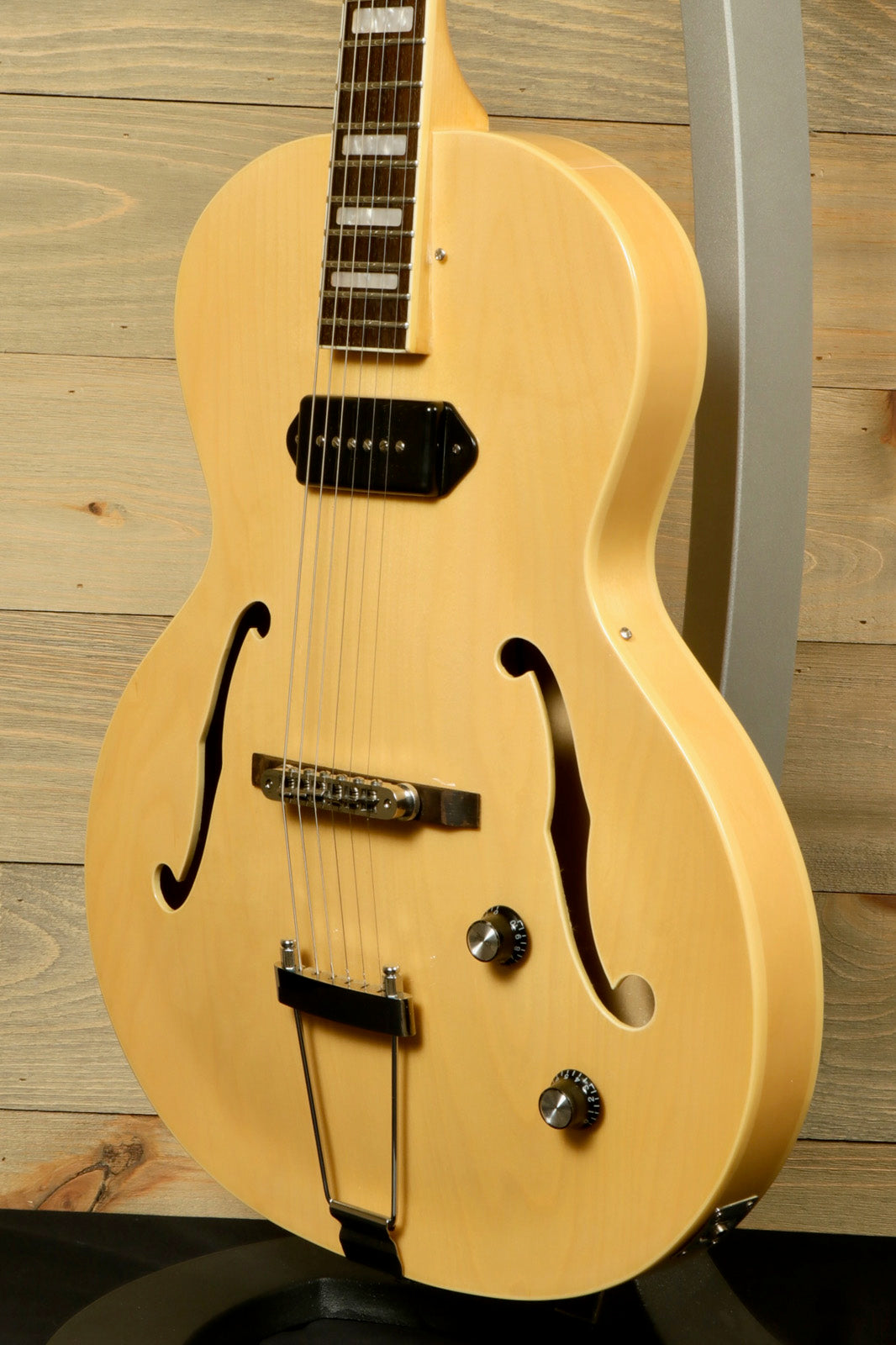 Grote Guitar Natural Hollow Body Jazz Electric Guitar, front view showcasing natural finish