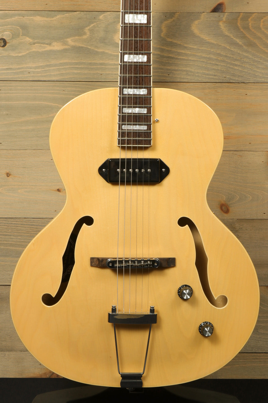 Grote Guitar Natural Hollow Body Jazz Electric Guitar, front view with cream finish and clear pickguard