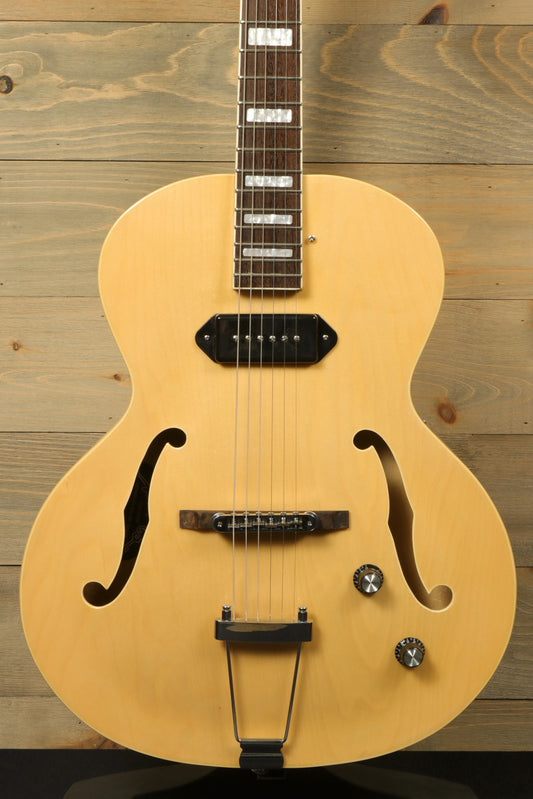 Grote Guitar Natural Hollow Body Jazz Electric Guitar, front view with cream finish and clear pickguard
