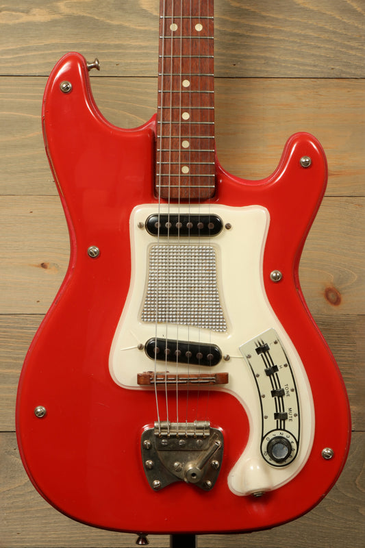 Hagstrom Vintage I electric guitar in red with a vintage finish, front view with gig bag