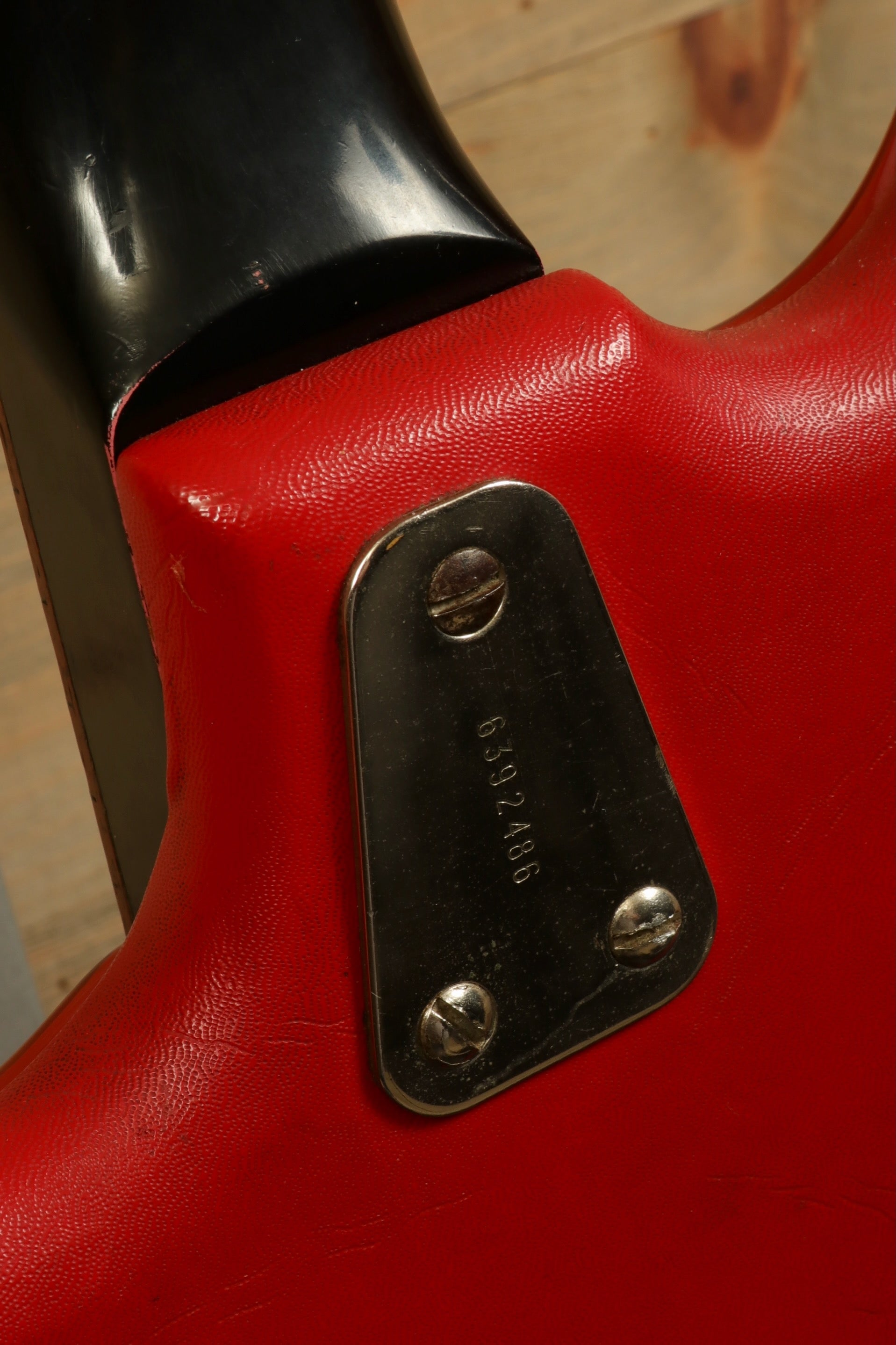 Hagstrom Vintage Hagstrom I with Gig Bag, red finish, close-up view of neck joint