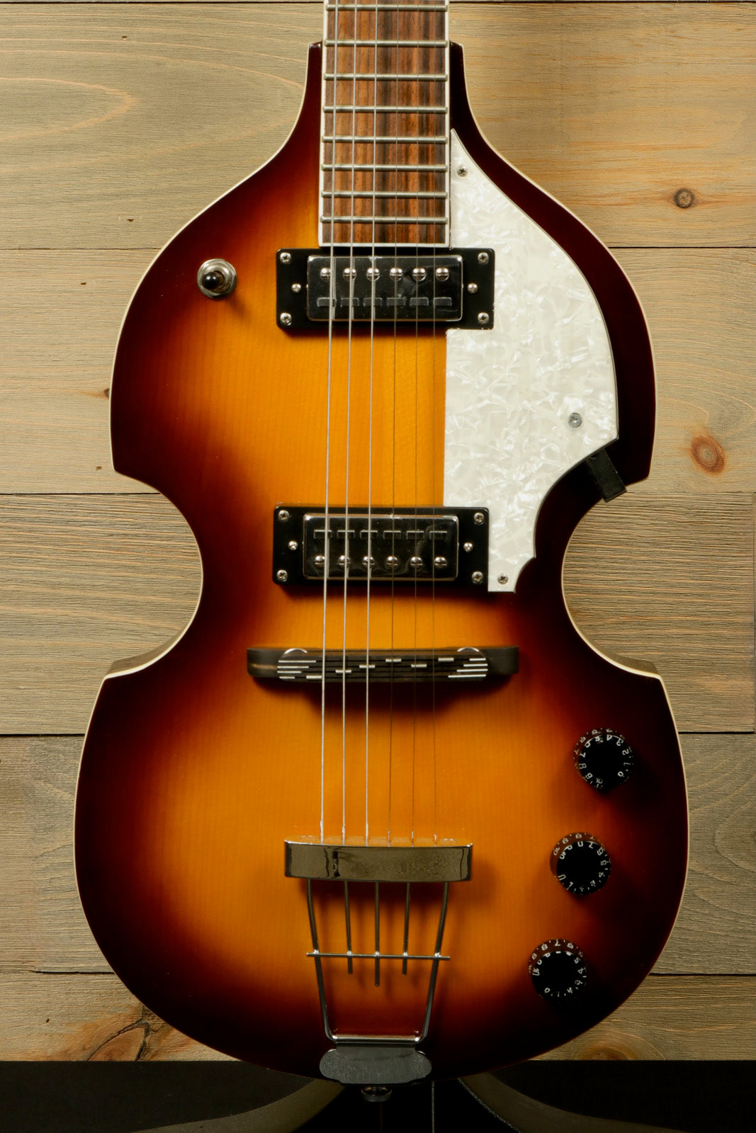 Hofner Guitar hollow body electric guitar in sunburst finish, front view with dual pickups
