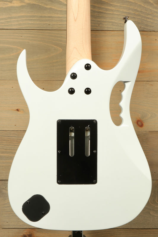 Ibanez JEMJR Steve Vai white finish, back view showcasing the unique shape and hardware