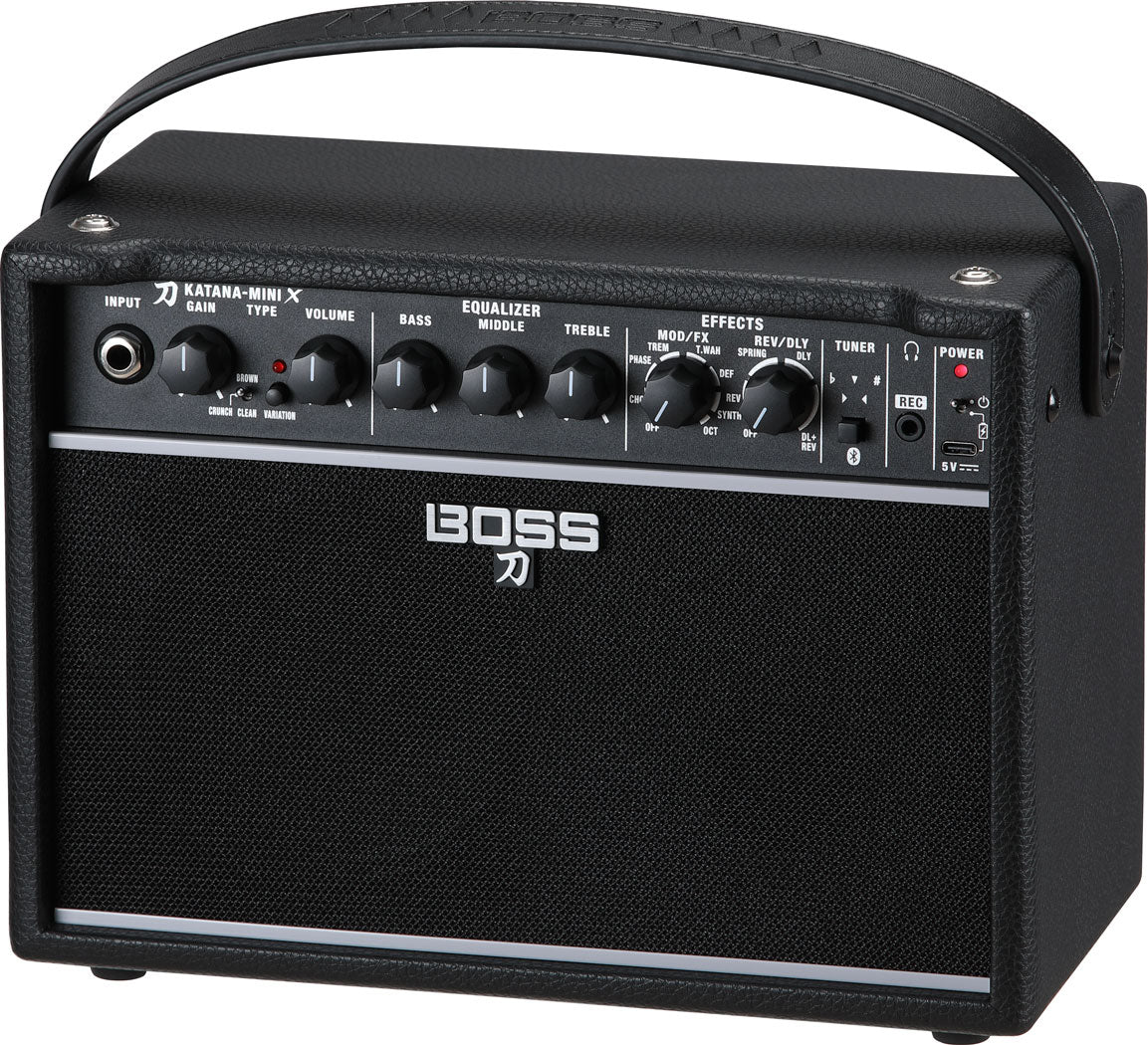 Side view of the Boss Katana Mini X guitar amplifier featuring its compact design, control panel, and handle for easy transportation.