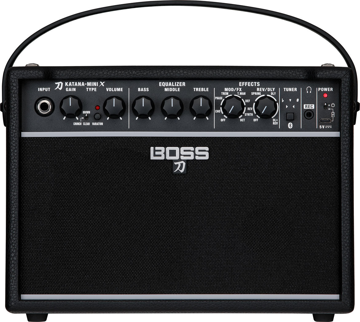 Top view of the Boss Katana Mini X guitar amplifier showcasing its control panel with knobs for input, gain, EQ, and effects.