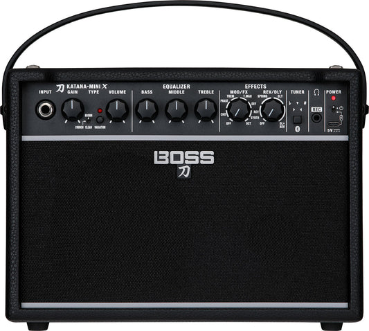 Top view of the Boss Katana Mini X guitar amplifier showcasing its control panel with knobs for input, gain, EQ, and effects.