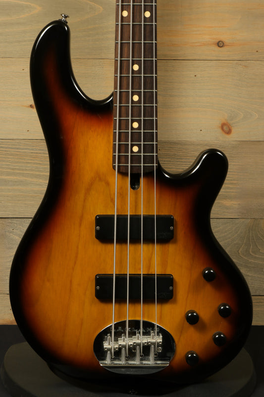 Lakland Skyline 44-01 sunburst finish, front view showcasing the classic bass guitar design