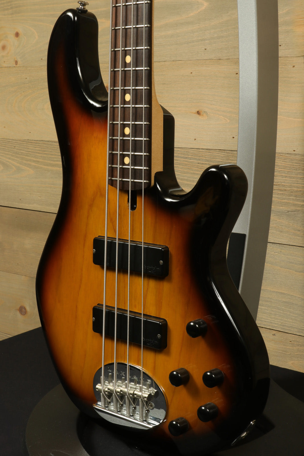 Lakland Skyline 44-01 sunburst finish, side view showcasing its sleek design and dual pickups