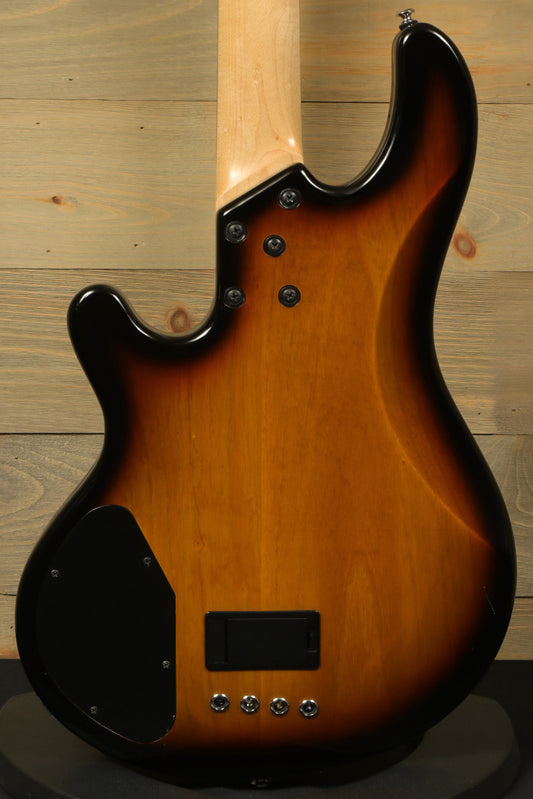 Lakland Skyline 44-01 bass guitar in sunburst finish, back view showcasing body contours