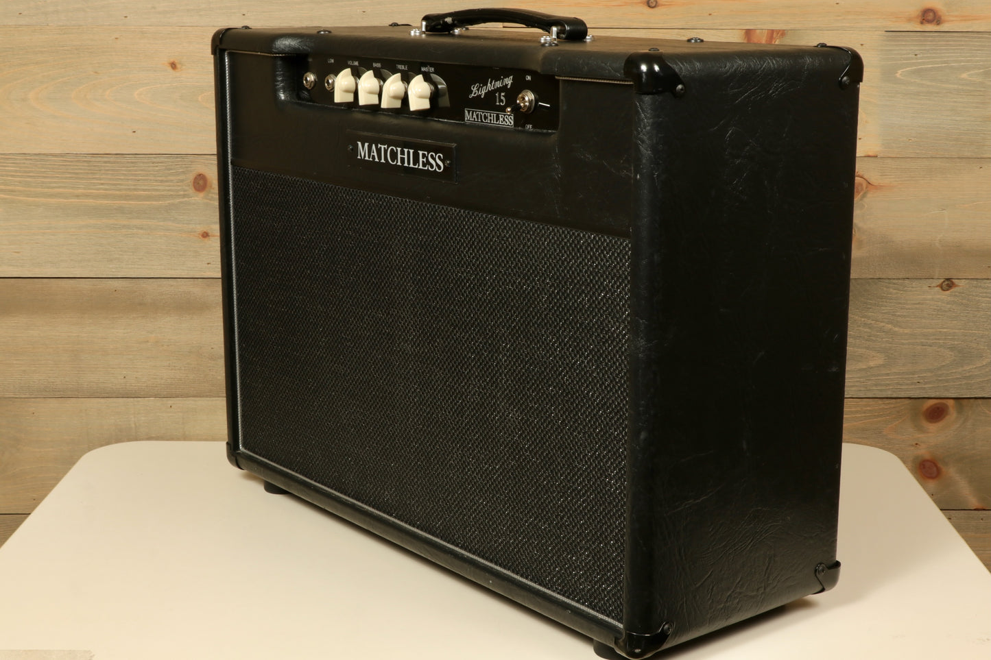 Matchless Lightning 15 Combo - Widebody - 1x12 - USED in black, angled side view showcasing control panel