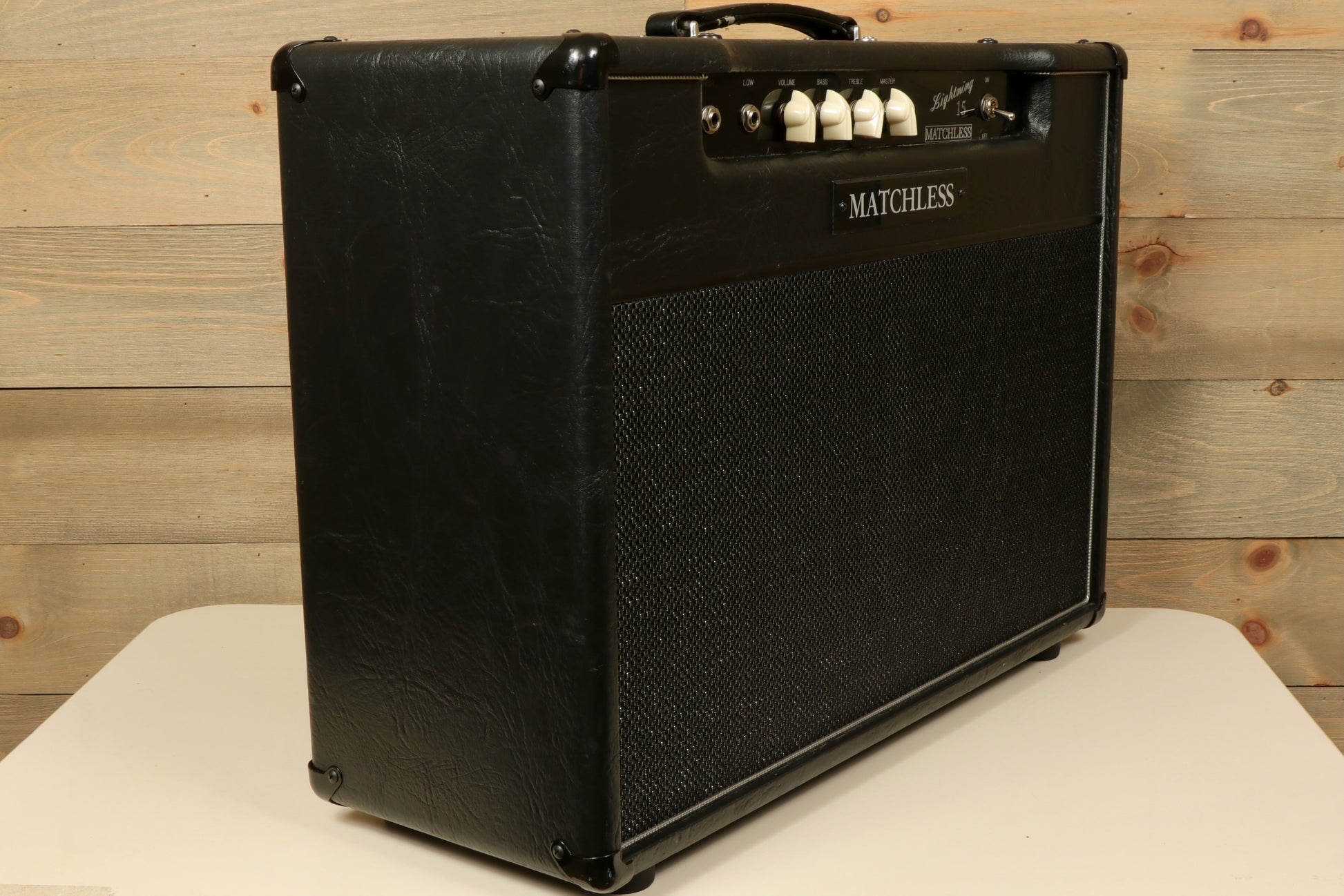 Matchless Lightning 15 Combo - Widebody - 1x12 - USED in black, side view showcasing controls and texture