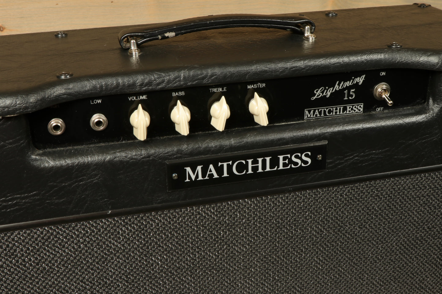 Matchless Lightning 15 Combo - Widebody - 1x12 - USED, black finish with control knobs on top view