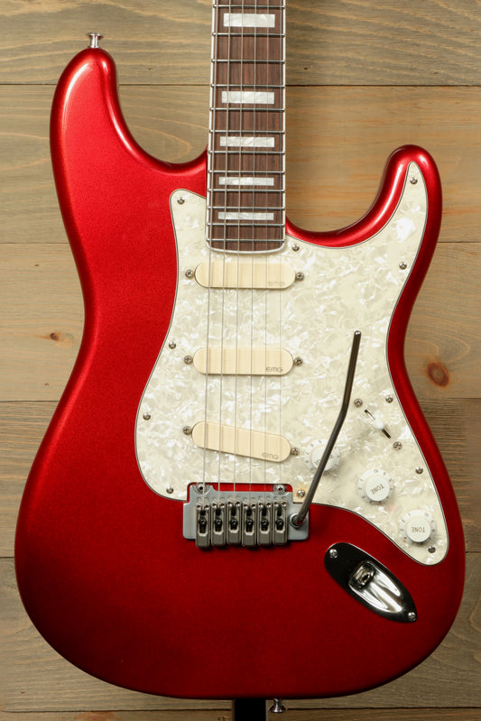 Mojo's Music Mojo Custom S Deluxe in metallic red finish, front view with DLX soft case - DEMO
