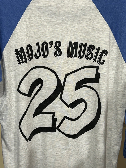 Mojo's 25th Anniversary baseball tee featuring a bold 25 print in black on a gray background