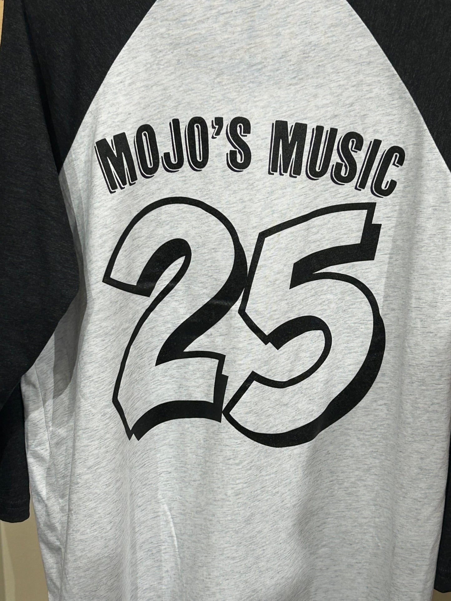 Mojo's 25th anniversary baseball tee in gray and black for music lovers and fans