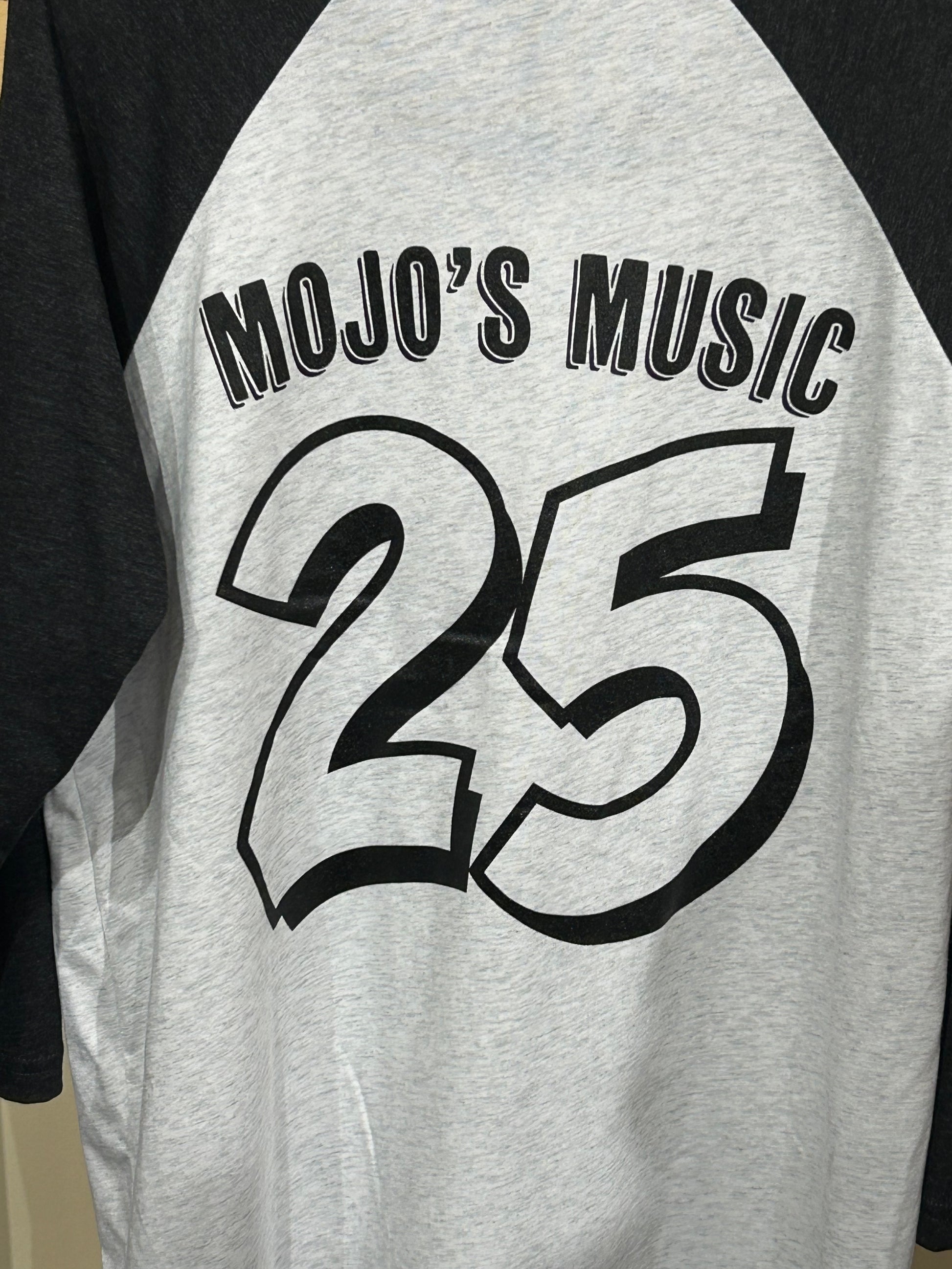 Mojo's 25th anniversary baseball tee in gray and black for music lovers and fans