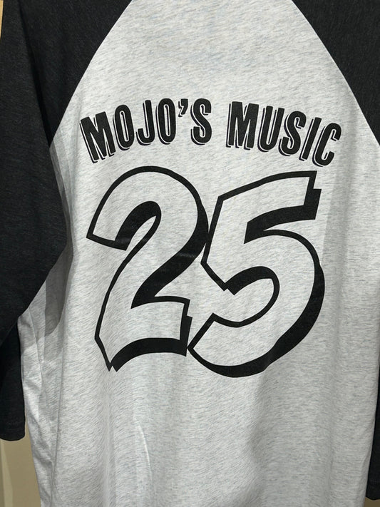 Mojo's 25th anniversary baseball tee in gray and black for music lovers and fans