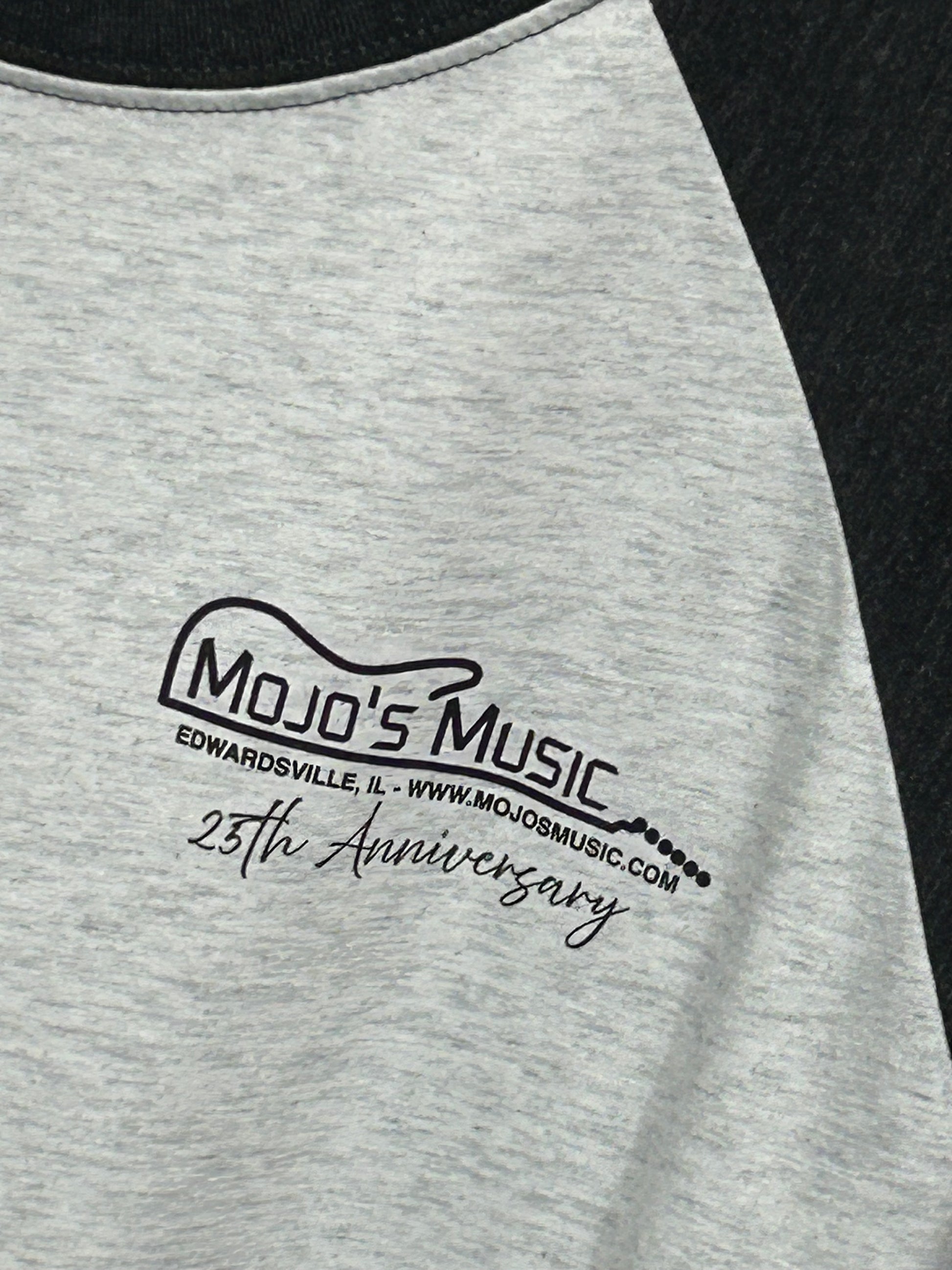 Mojo's 25th anniversary baseball tee featuring a guitar logo and stylish design in gray and black
