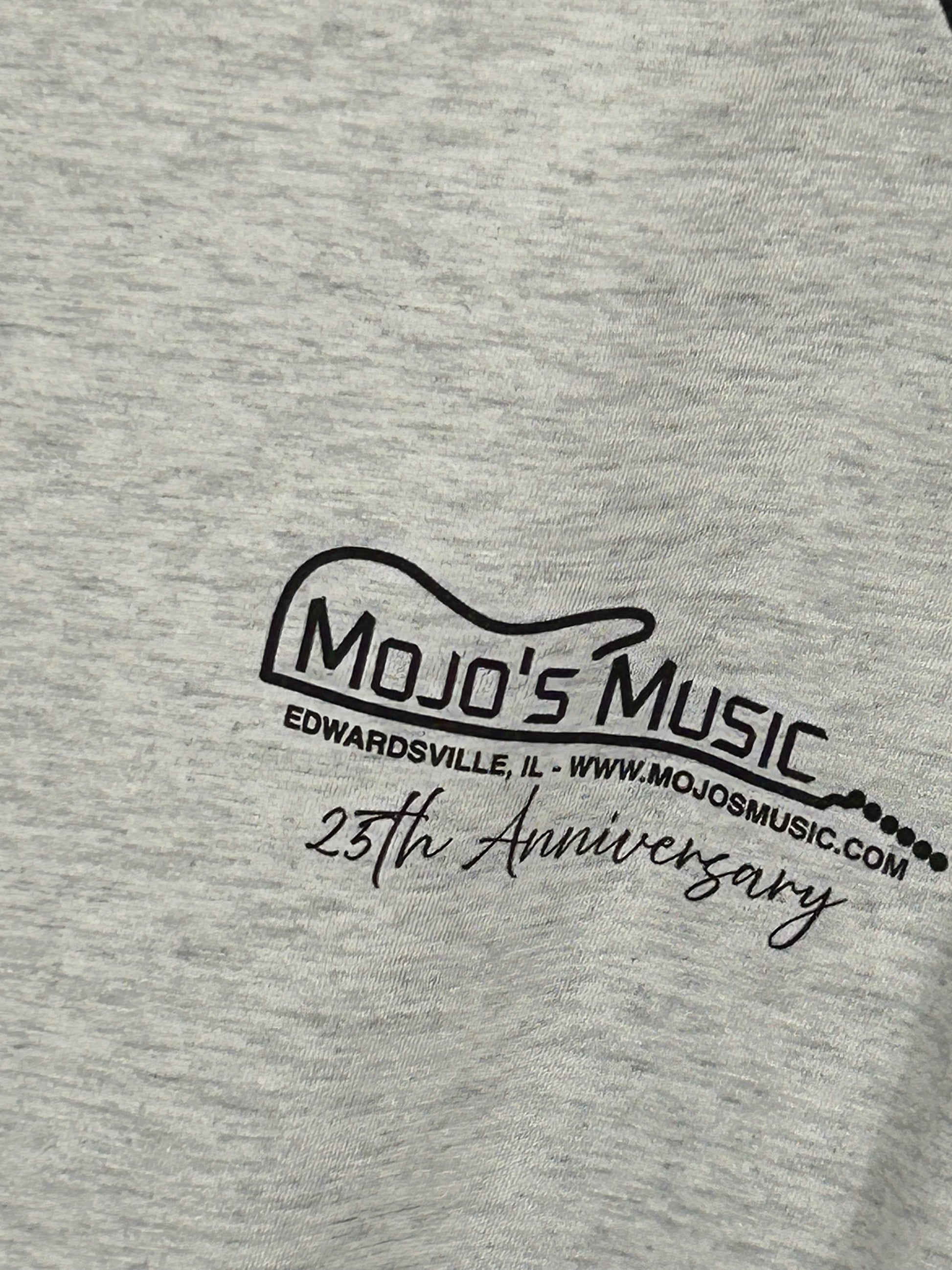 Mojo's 25th Anniversary baseball tee in gray with logo and commemorative design