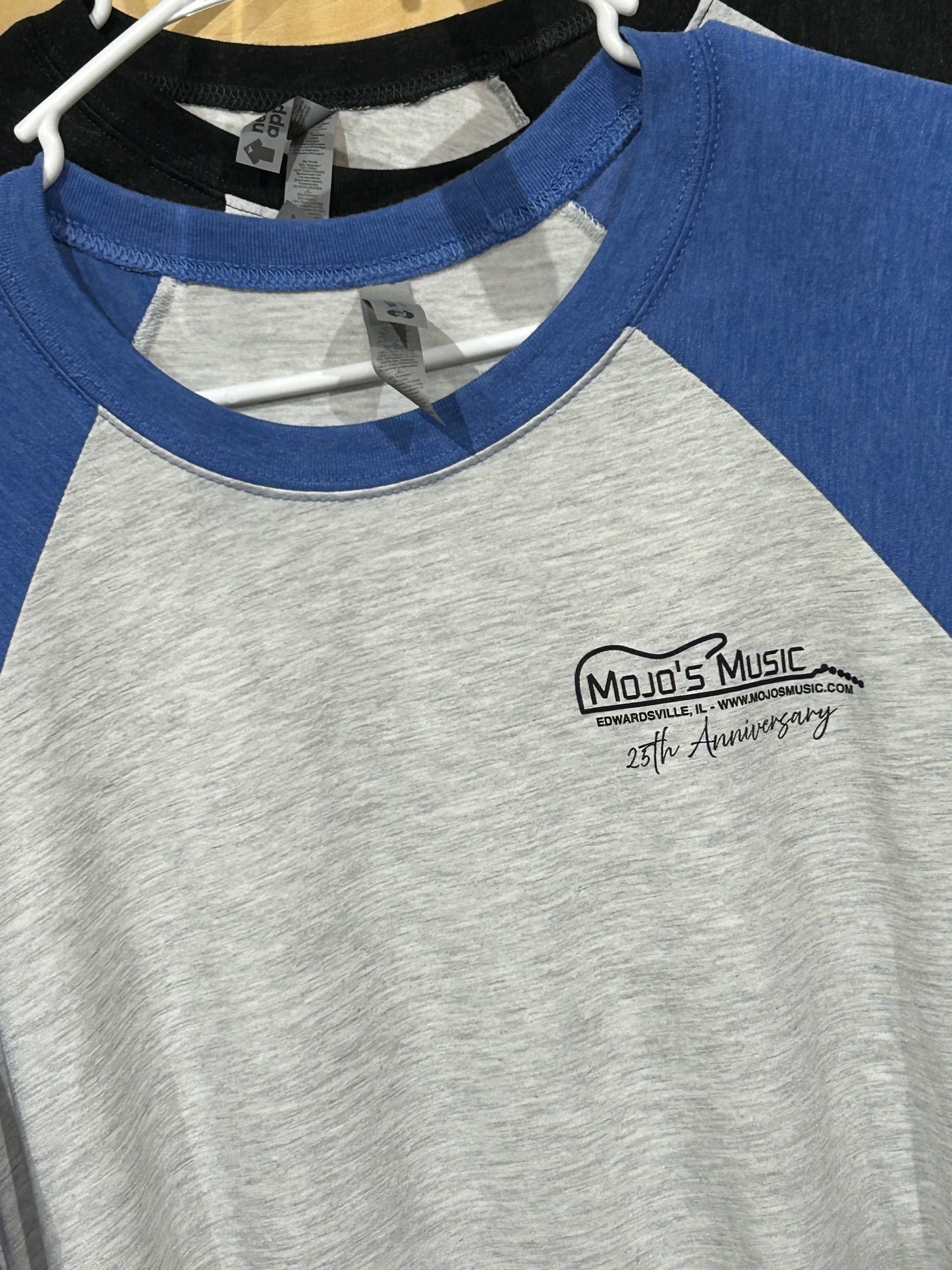 Mojo's 25th Anniversary baseball tee in gray and blue with logo and commemorative text