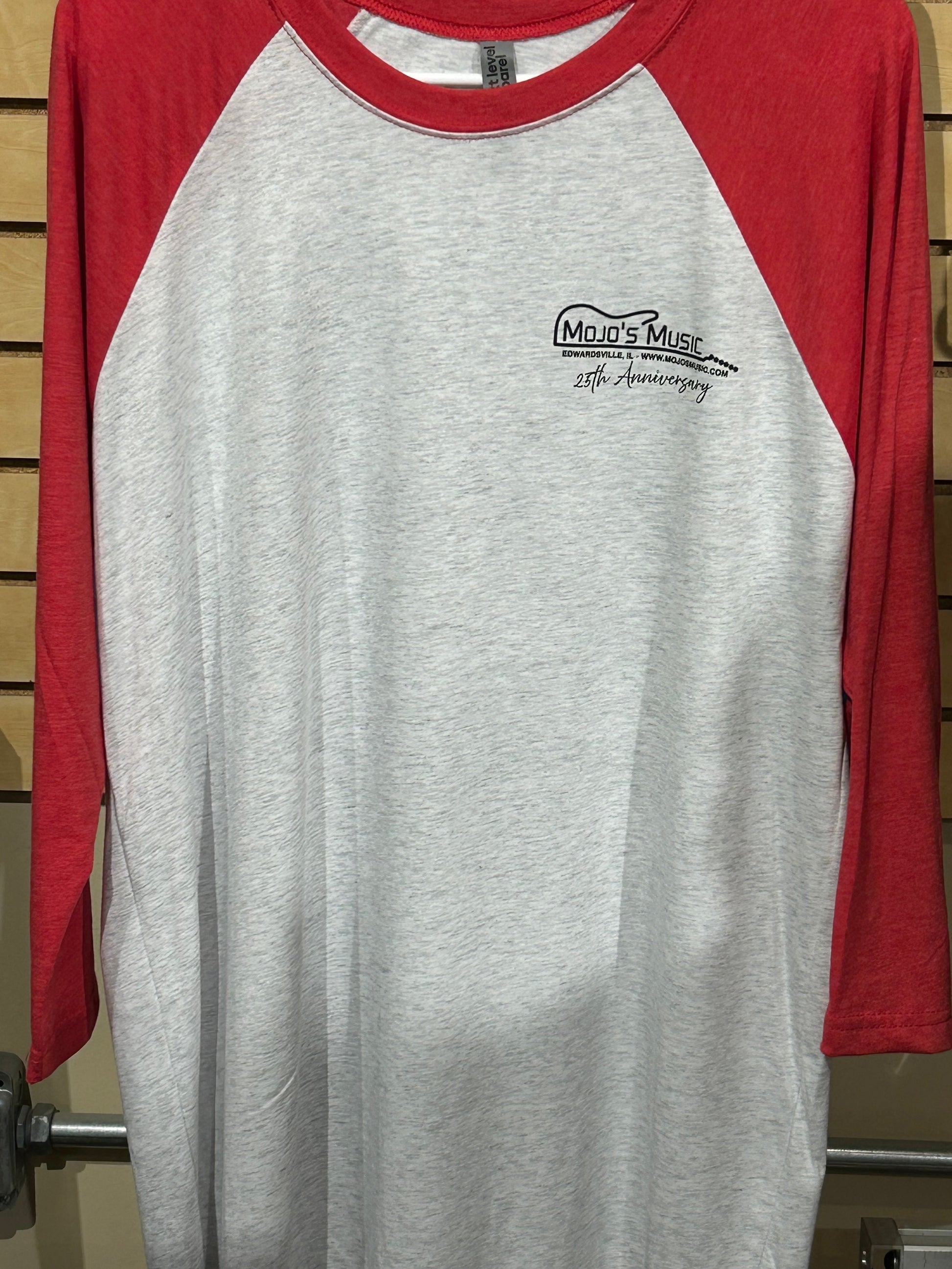 Mojo's Music 25th anniversary baseball tee featuring red sleeves and a classic design