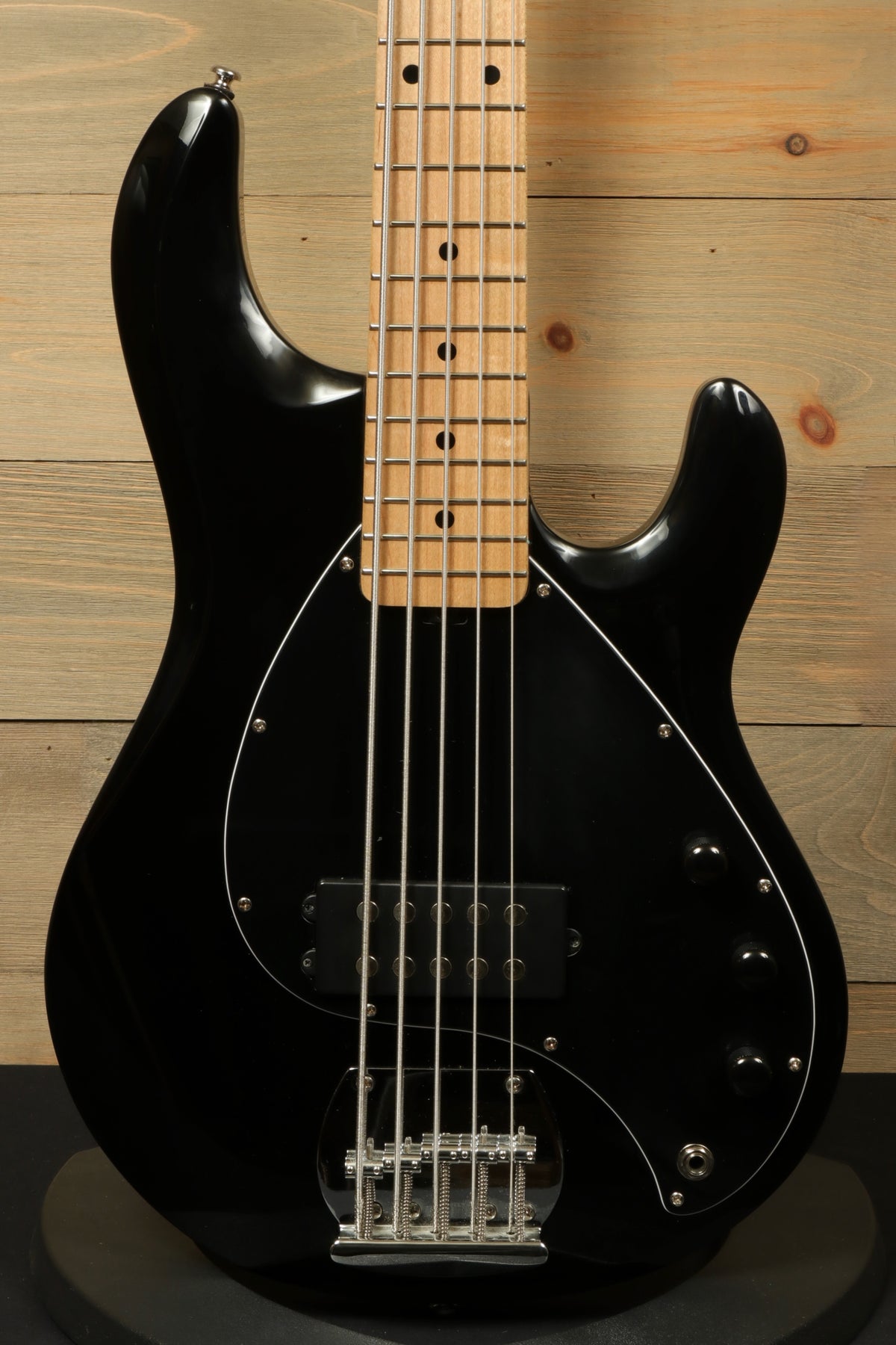 Sterling by Music Man black used active 5 string bass guitar, front view with maple neck