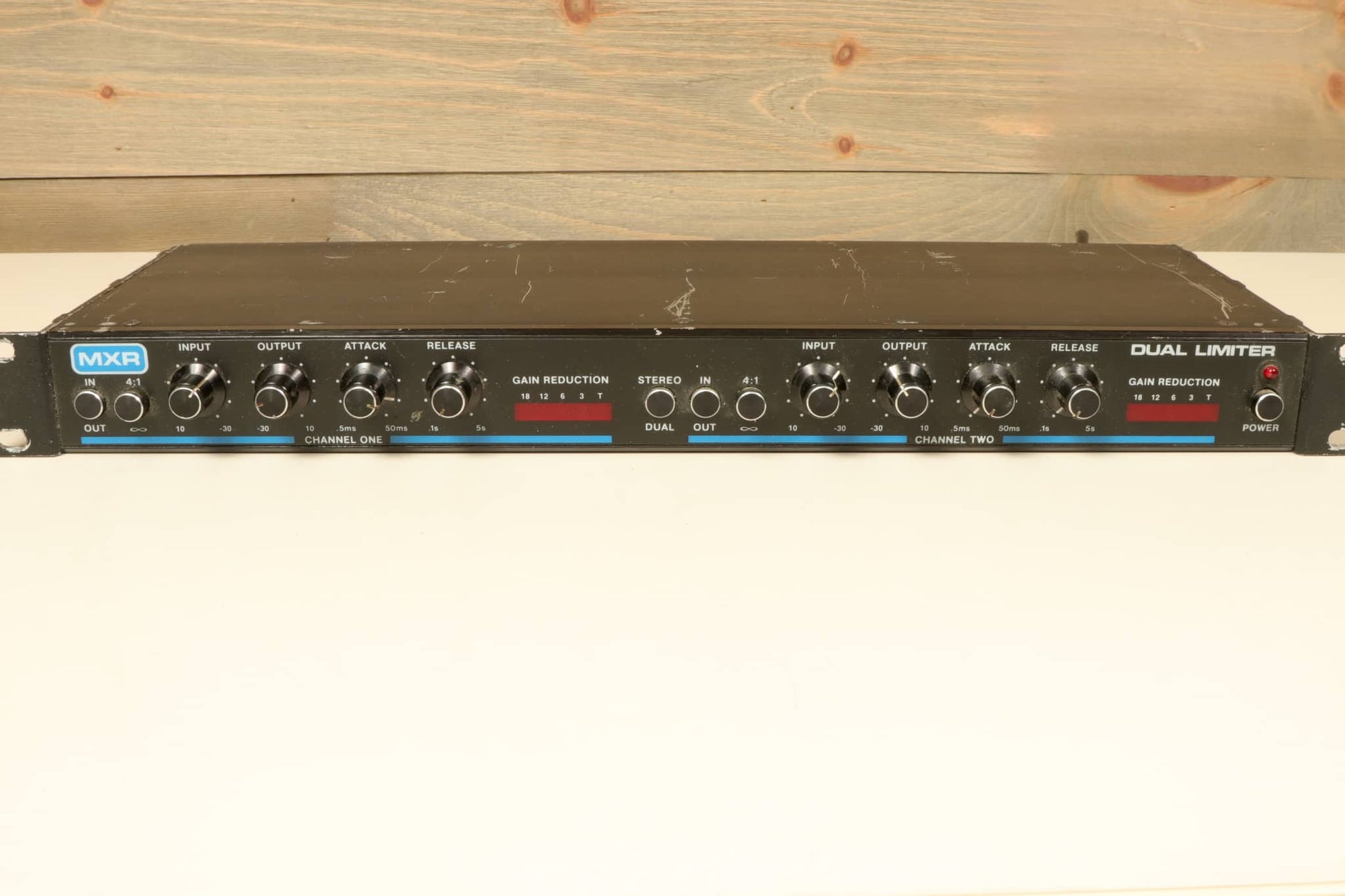 MXR Dual Limiter in Black, front view with control knobs for channel one and two