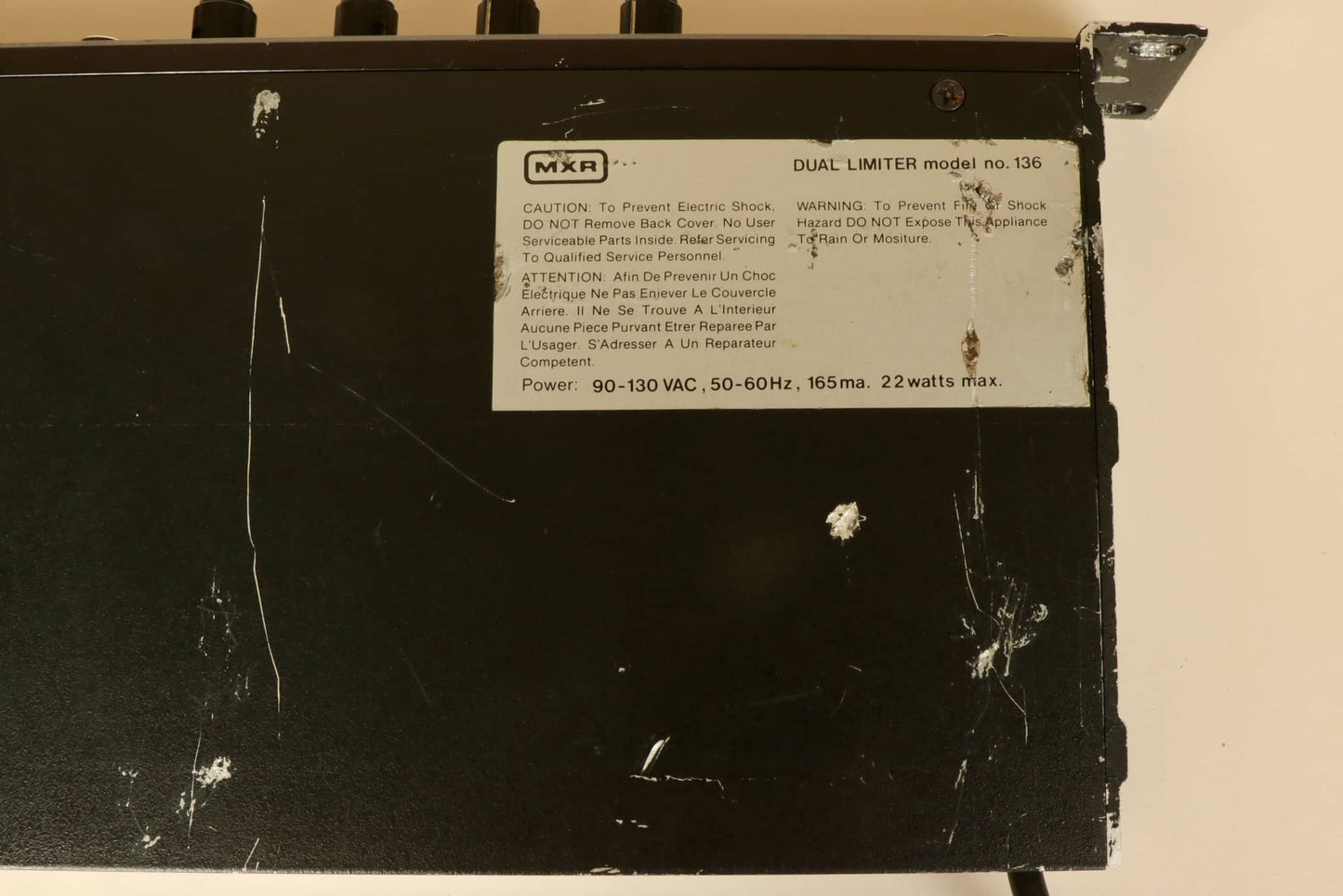 MXR Dual Limter model 136 in black with caution and warning labels, top view