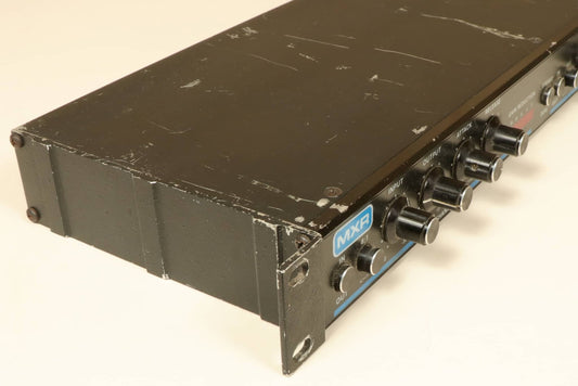 MXR black audio equipment rack mount with control knobs and worn finish, side view