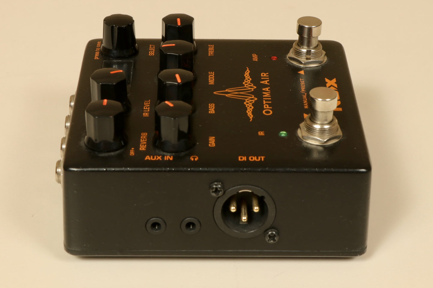 NU-X Optima Air Acoustic Simulator and IR Loader in black, side view with controls and input/output jacks