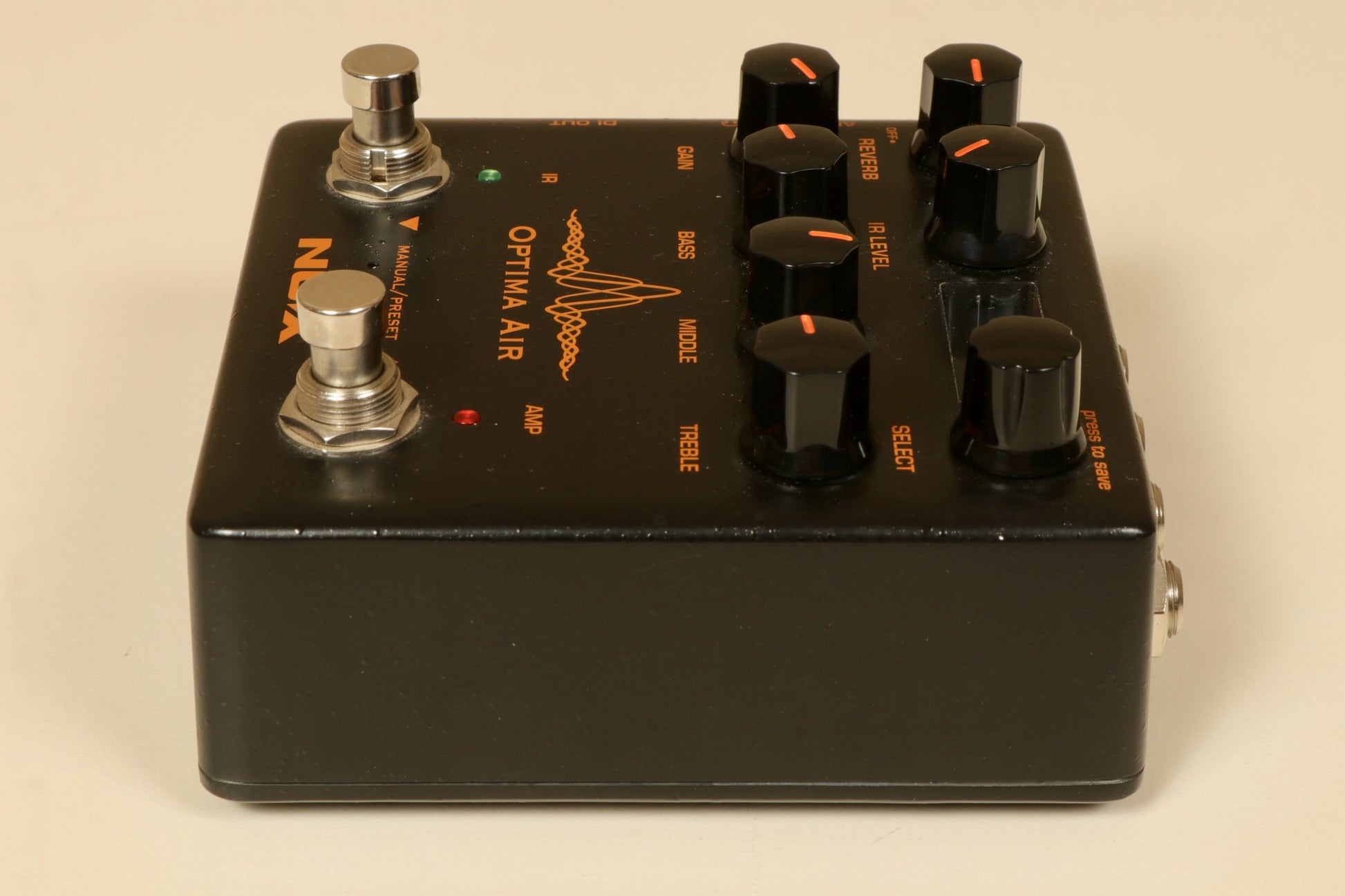 NU-X Optima Air Acoustic Simulator and IR Loader in black, side view with knobs and switches