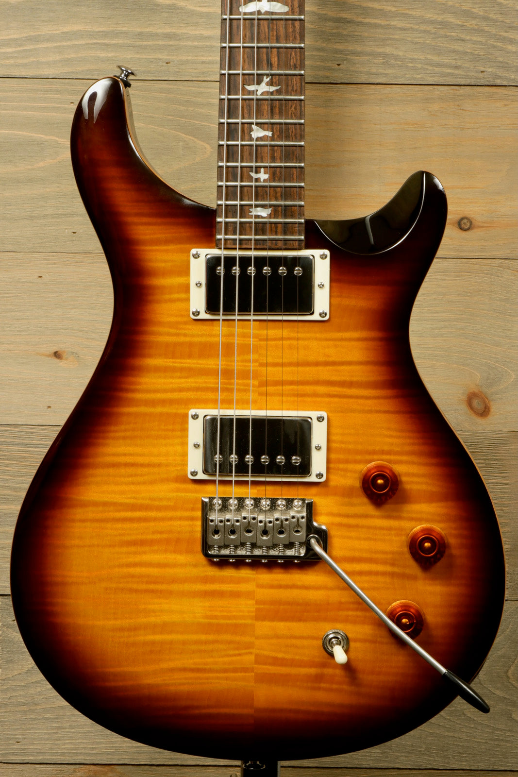 Paul Reed Smith SE DGT Sunburst Electric Guitar with PRS Gig Bag on wooden background
