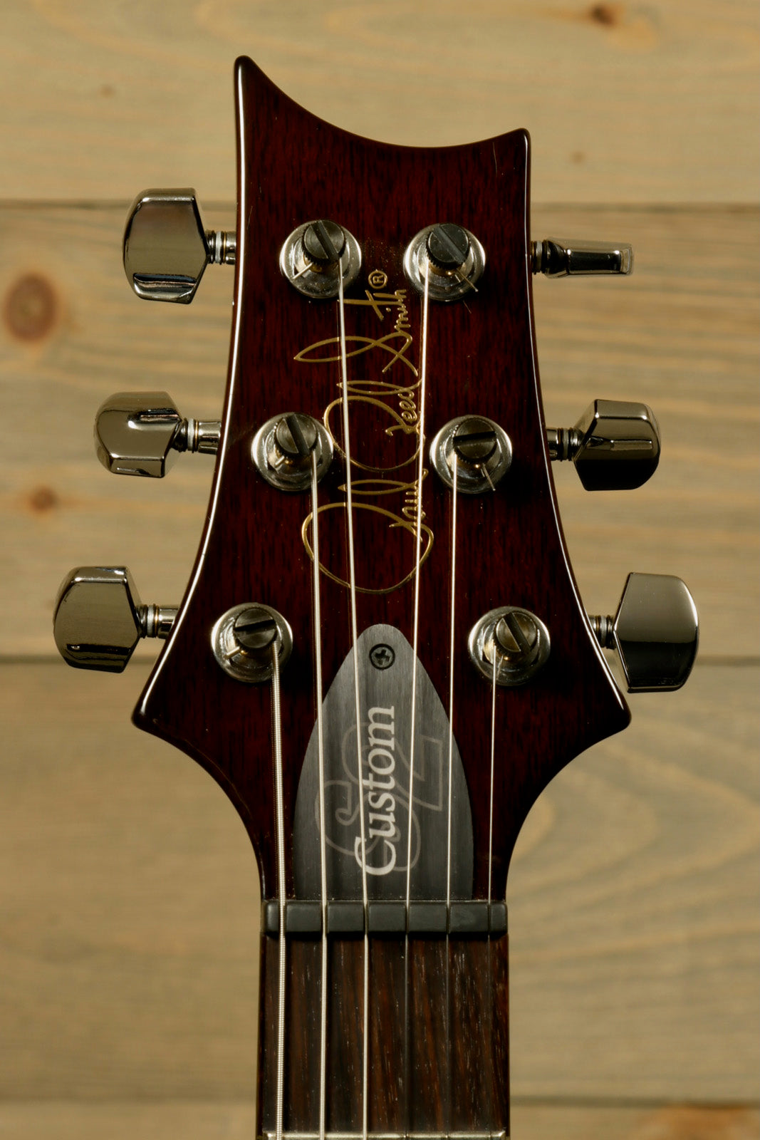 PRS USA PRS Custom 24 guitar headstock with signature and chrome tuners, front view
