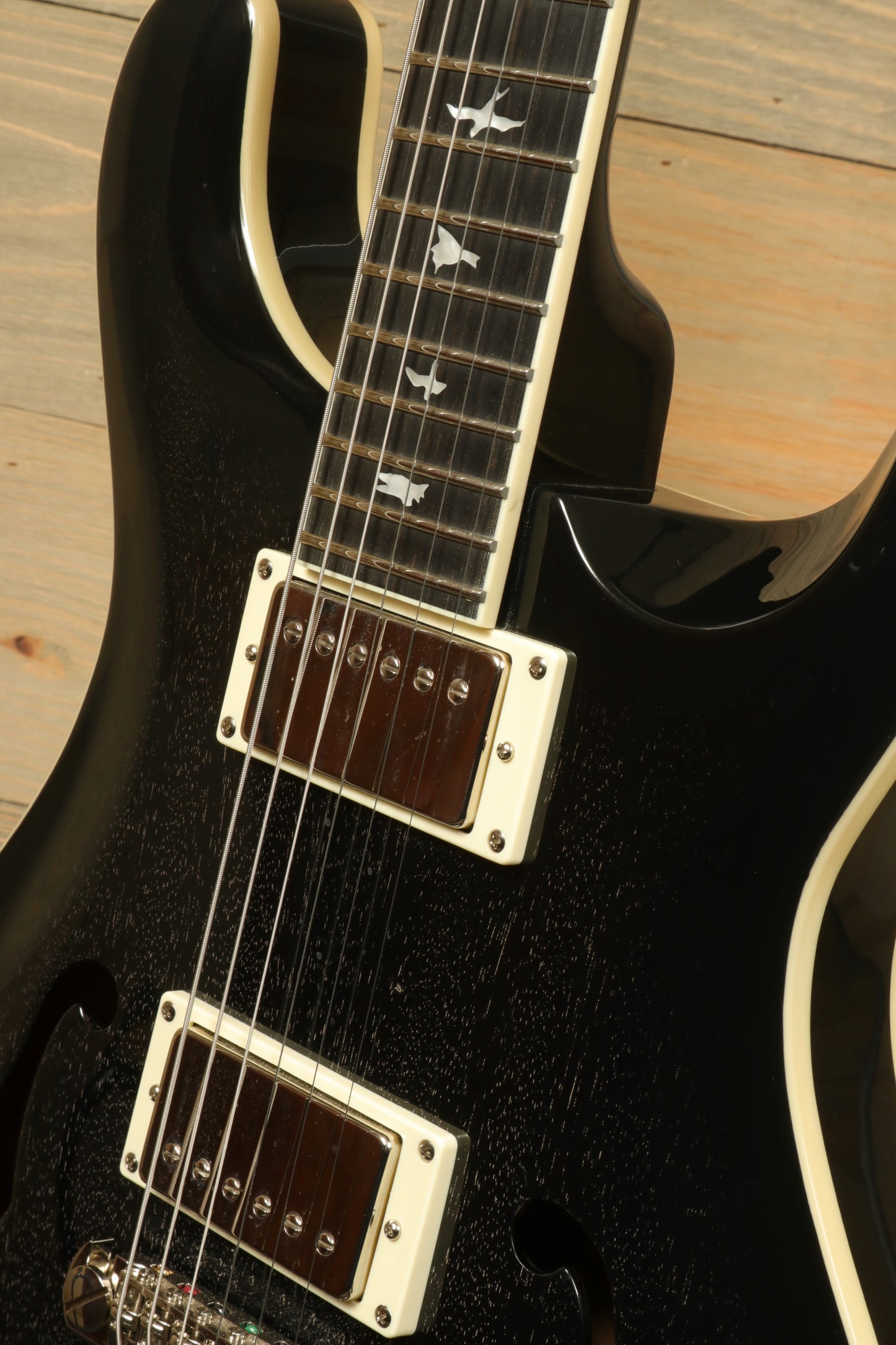 PRS SE Hollowbody Standard Piezo in Doghair, close-up view of the neck and pickups in excellent condition with hard case