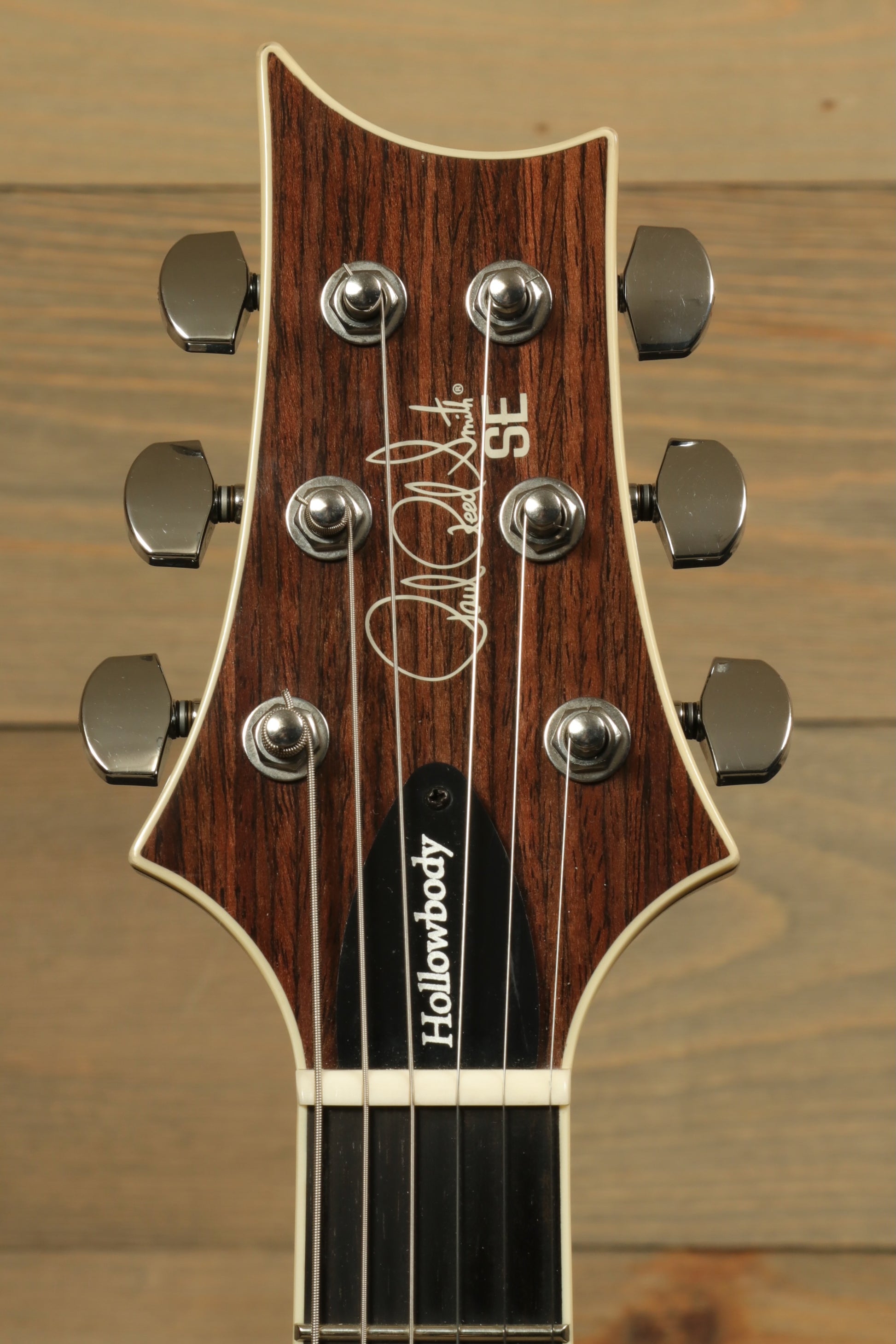 PRS SE Hollowbody Standard Piezo in Doghair finish, headstock view, excellent condition w/ hard case