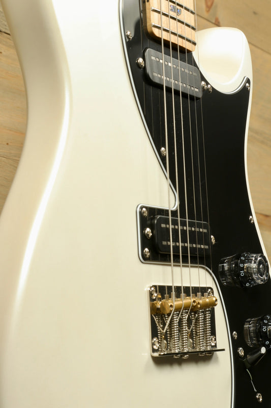 PRS SE NF53 in white, close-up view showcasing the pickups and control knobs