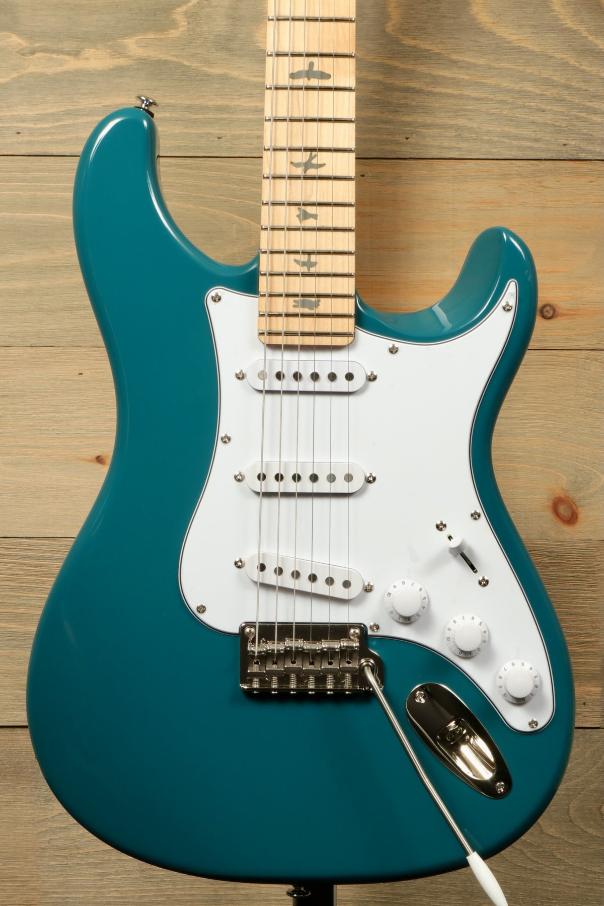 PRS SE Silver Sky - Nylon Blue Electric Guitar, front view with maple neck and white pickguard