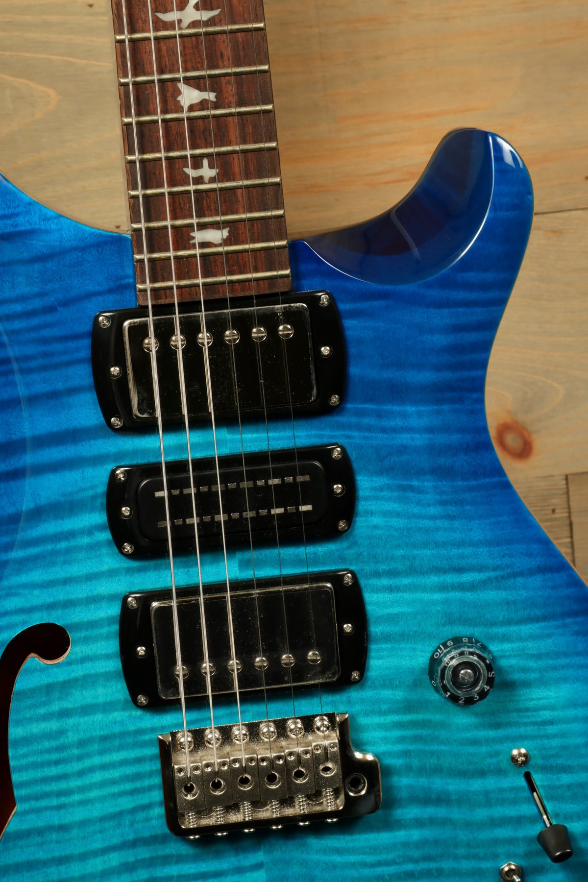 PRS SE Special Semi-Hollow in ocean blue, top view showcasing the body and neck details