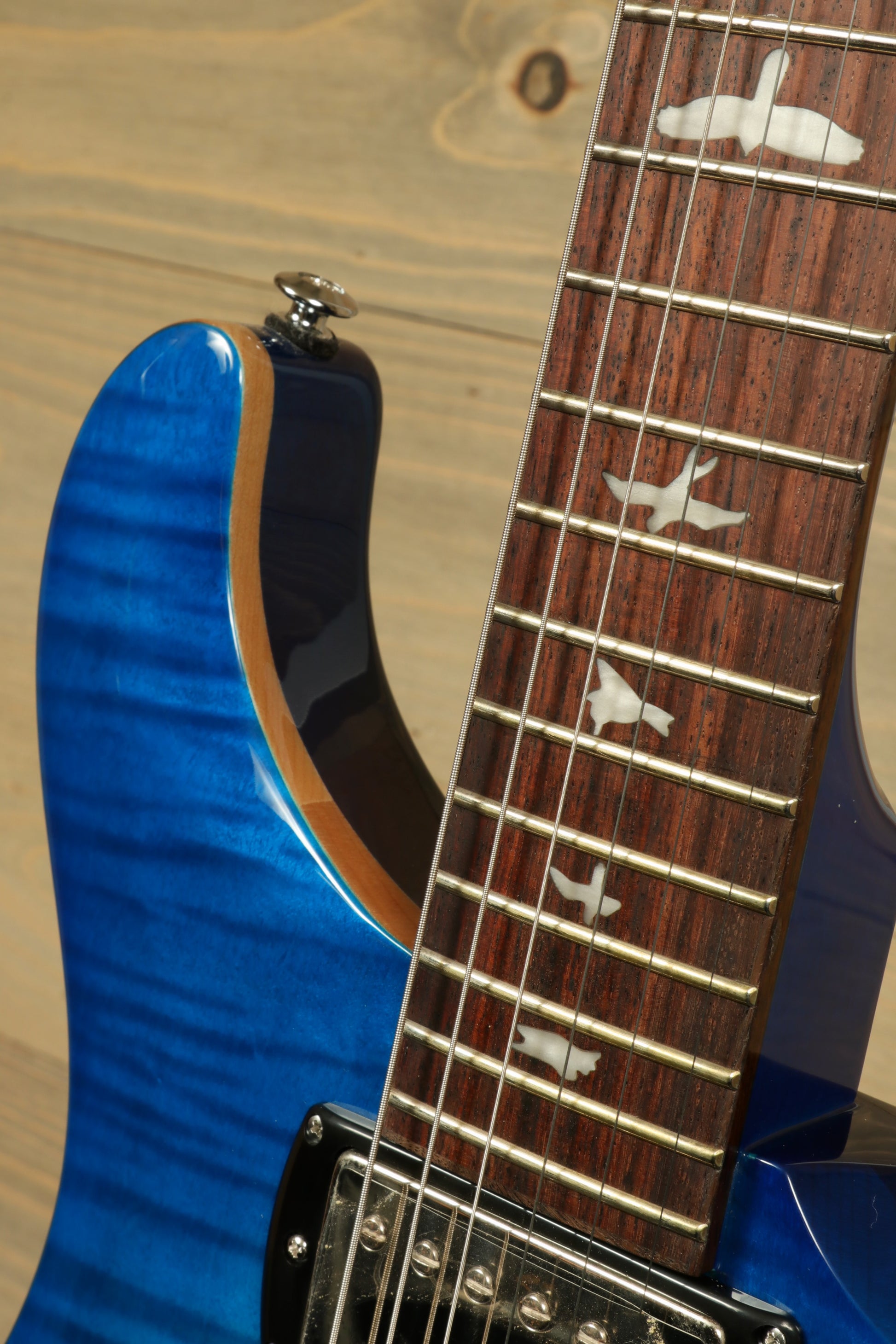 PRS SE Special Semi-Hollow electric guitar with a striking blue finish and intricate fretboard inlays