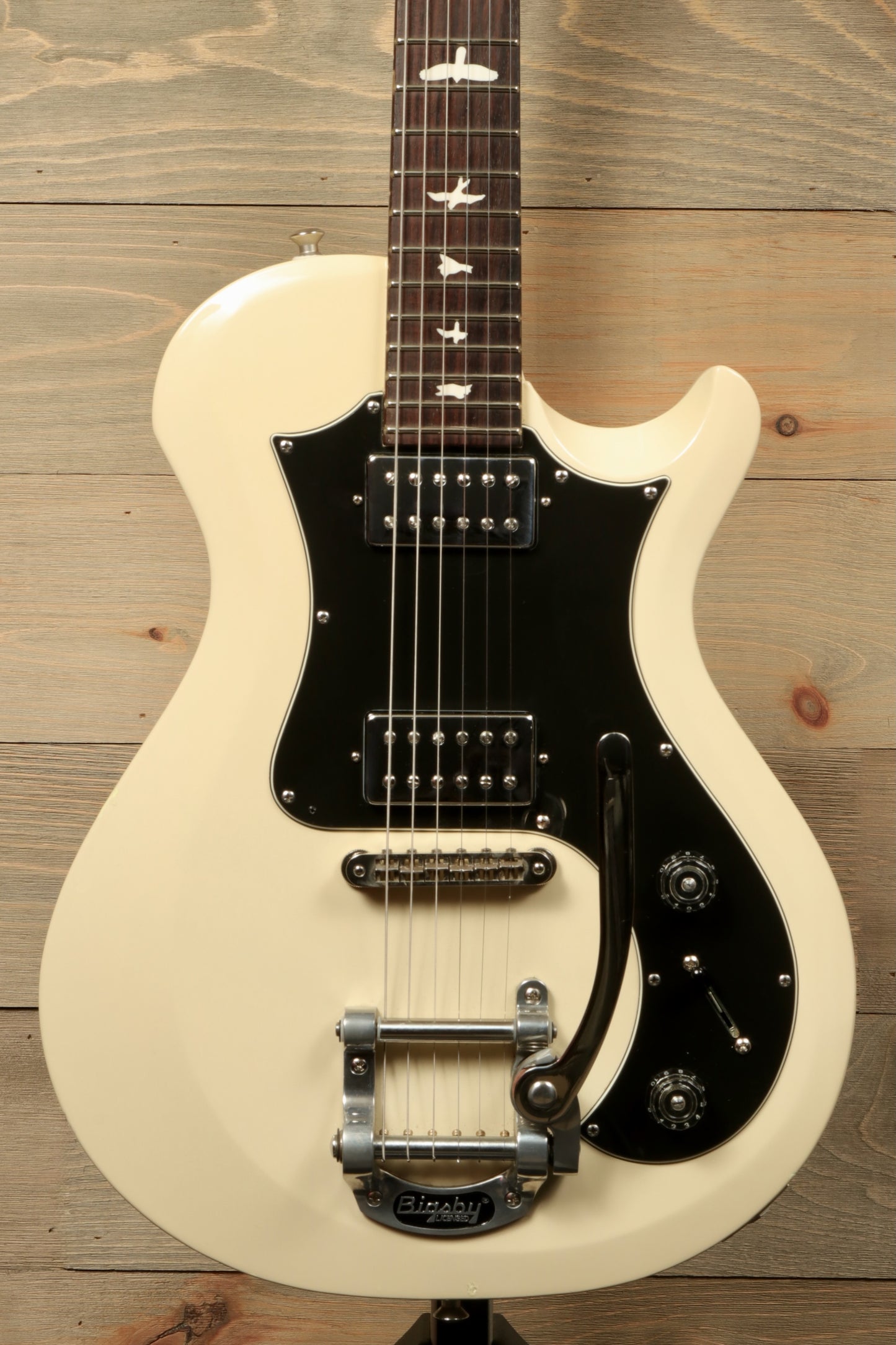 PRS Starla S2 in vintage white, front view showcasing the unique pickup and control layout