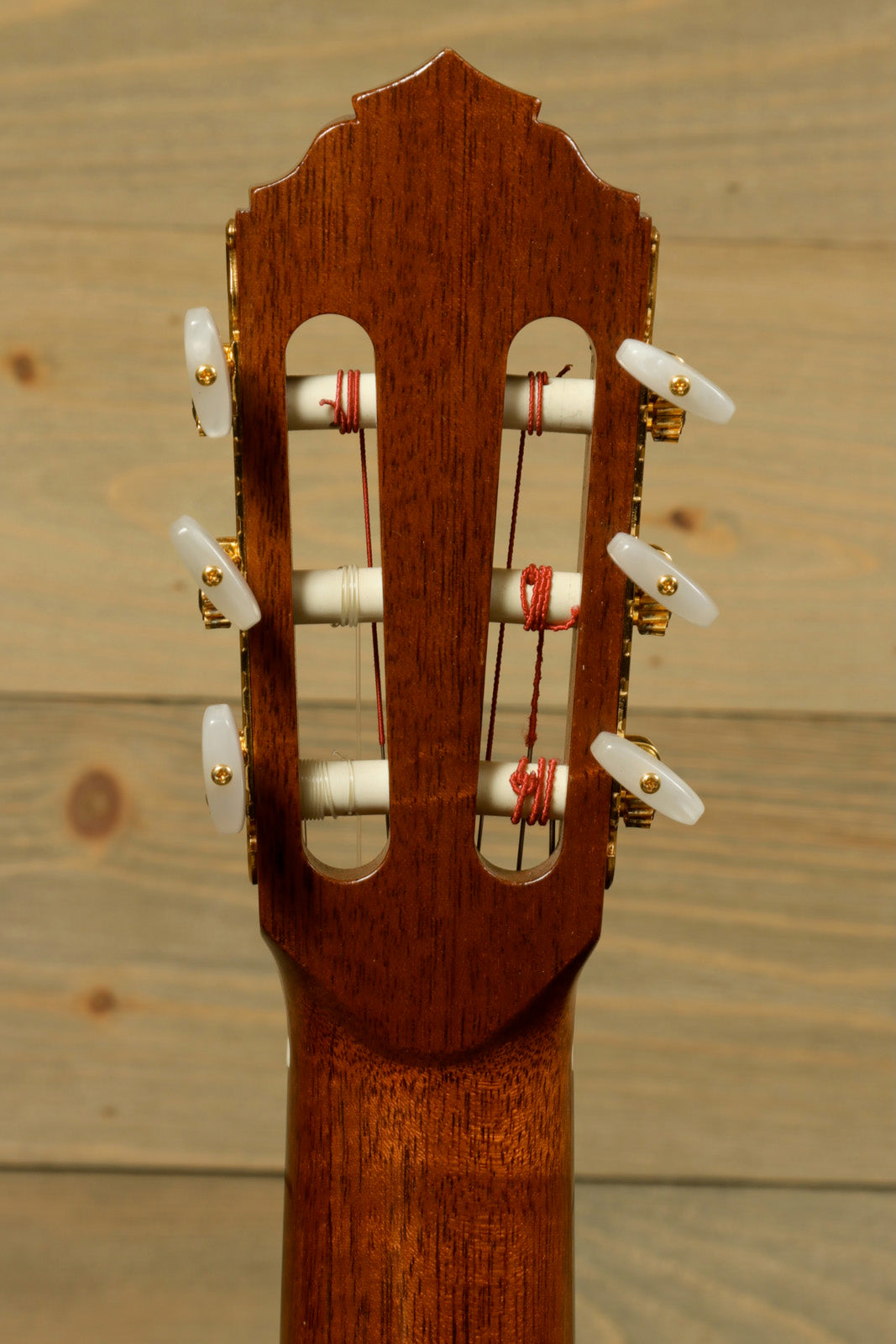 R. Thomas Rein Classical Concert Guitar headstock in natural wood finish, back view showing tuning pegs