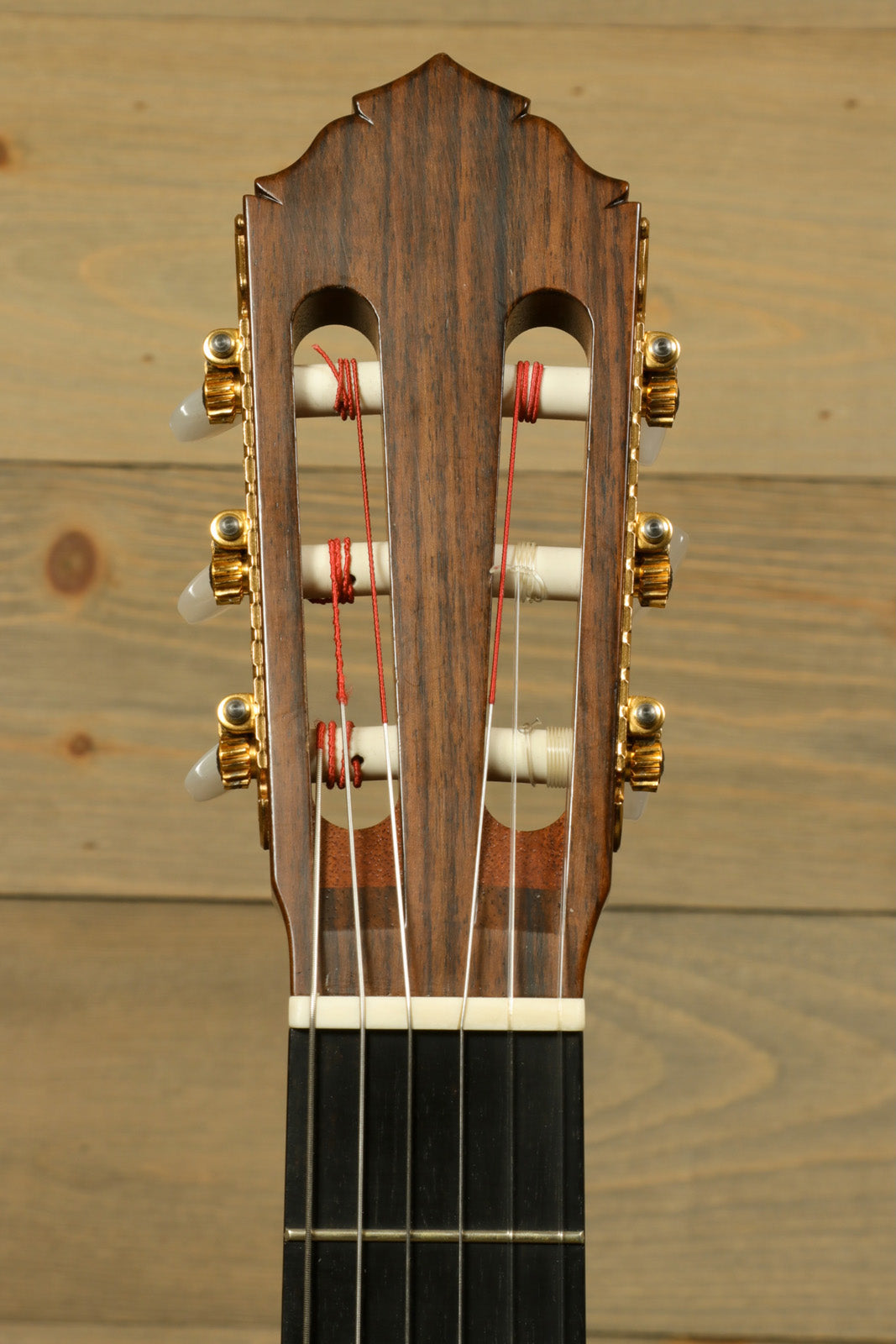 R. Thomas Rein Classical Concert Guitar, natural finish, headstock with tuning pegs, front view