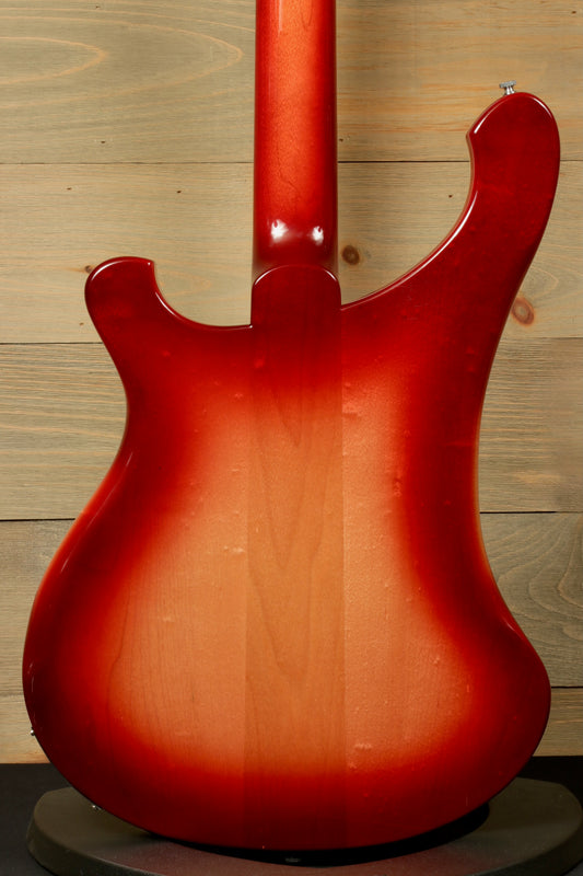 Rickenbacker 4001 bass guitars in a sunburst finish, back view showcasing smooth curves