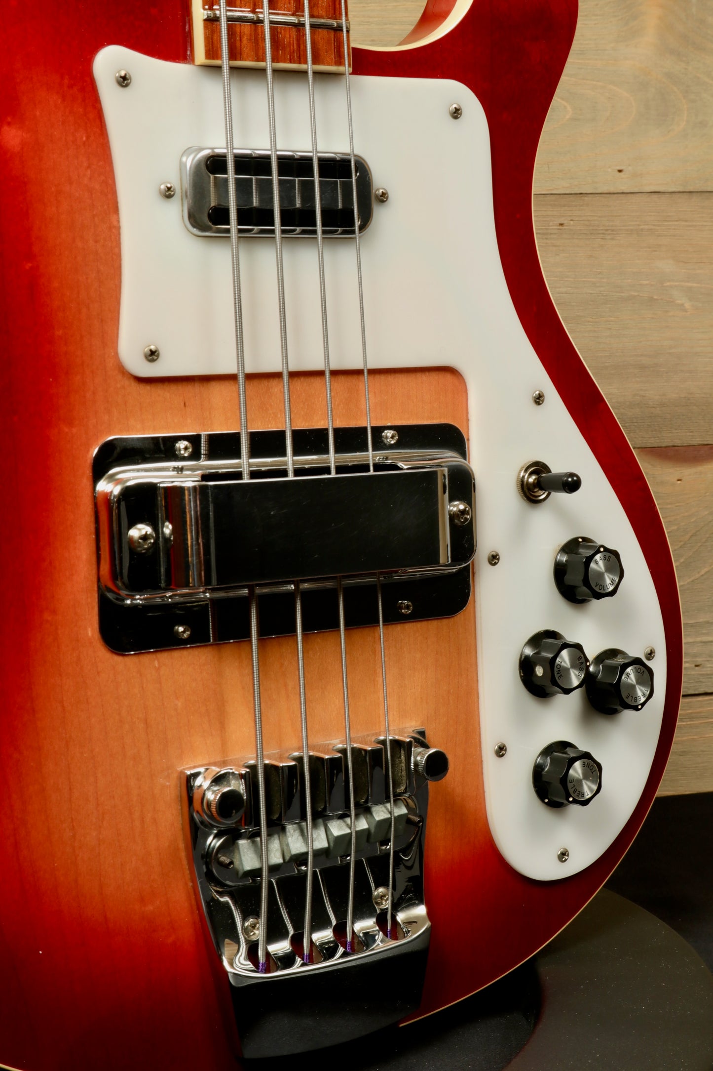 Rickenbacker 4001 bass guitar in fireglo finish, front view showcasing pickups and controls