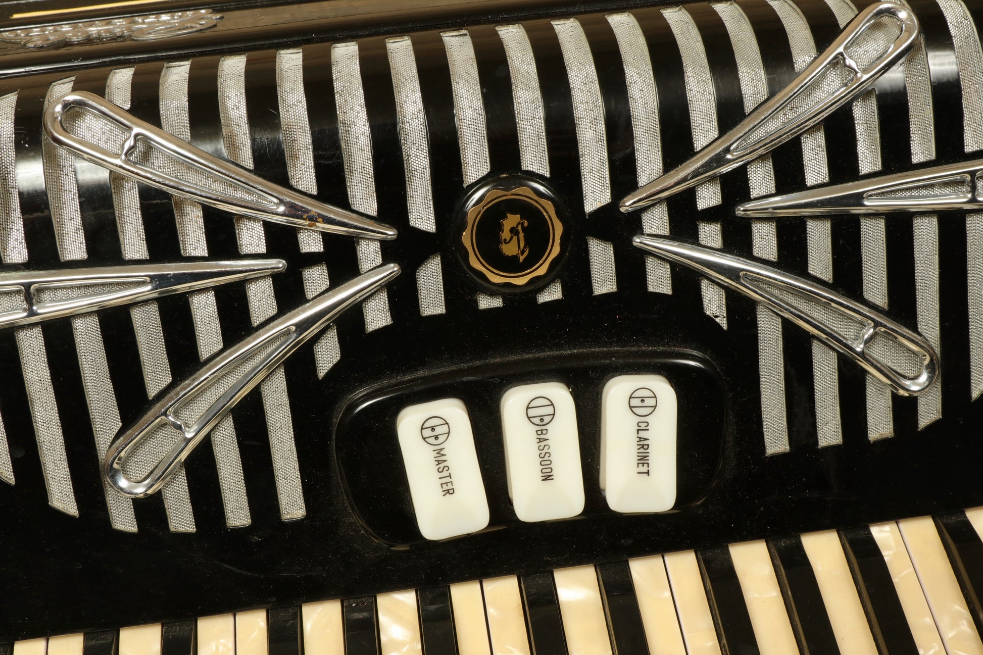 Rivoli Little Maestro Accordion in black and silver, front view with keyboard and buttons