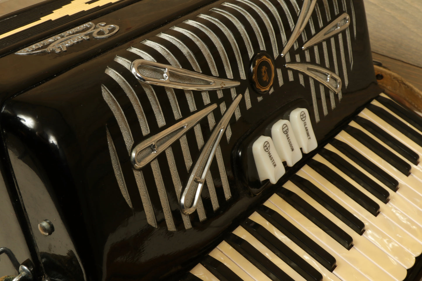Rivoli Little Maestro Accordion in black, top view showcasing keys and decorative grille