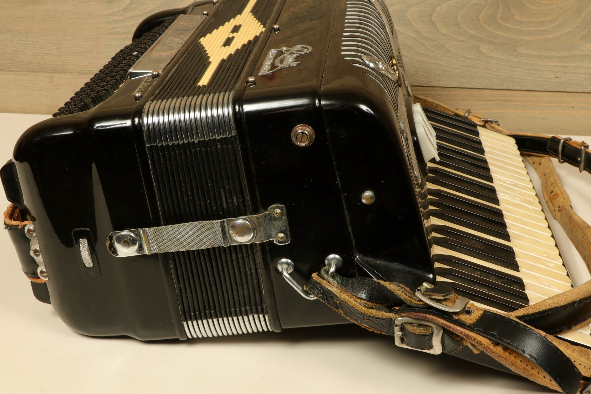 Rivoli Little Maestro Accordion in black with white keys, side view showcasing straps and body details