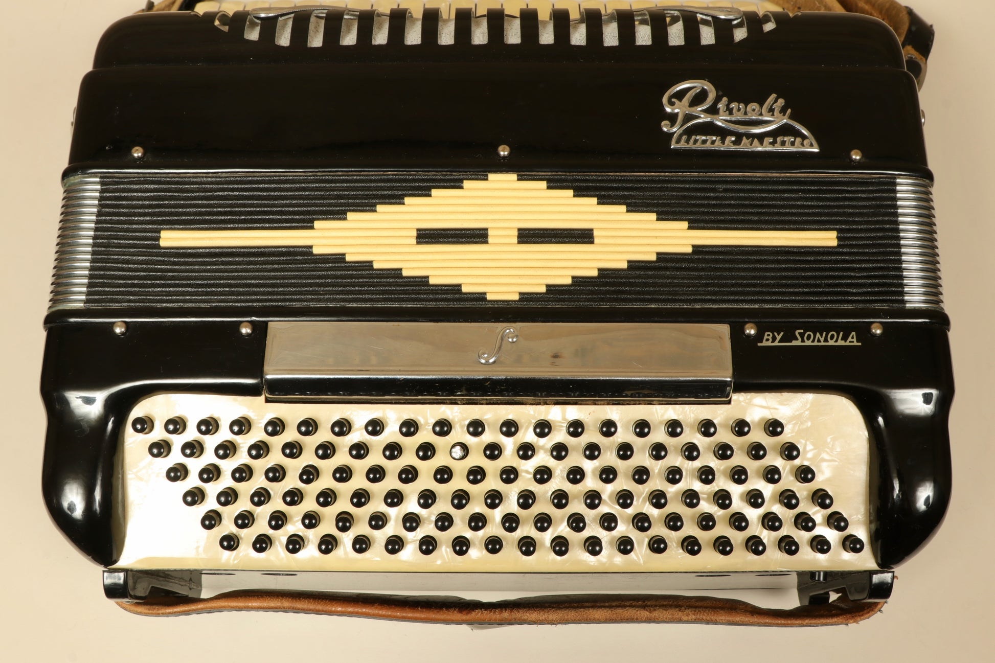 Rivoli Little Maestro Accordion, black finish with white accents, top view showcasing keys and buttons