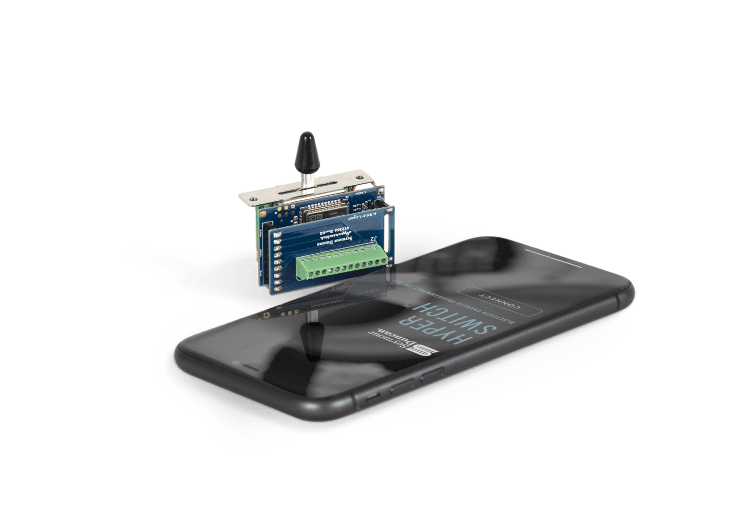 Seymour Duncan HyperSwitch BT 5-way switch displayed on a smartphone showcasing innovative guitar controls